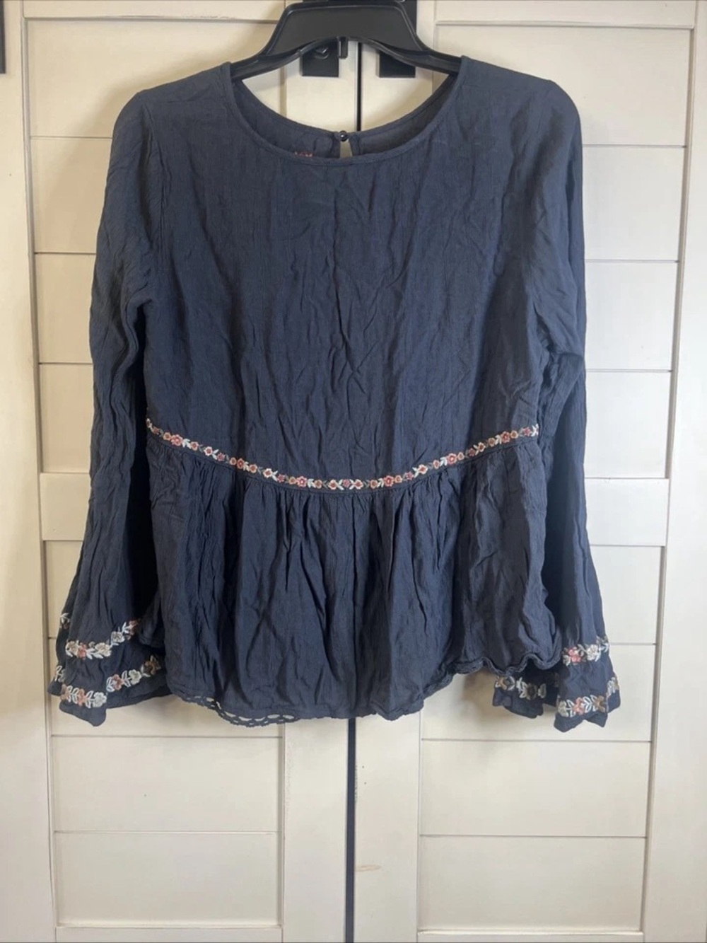 American Eagle Outfitters Navy Blue Floral Embroidered Peasant Blouse - Picture 6 of 10